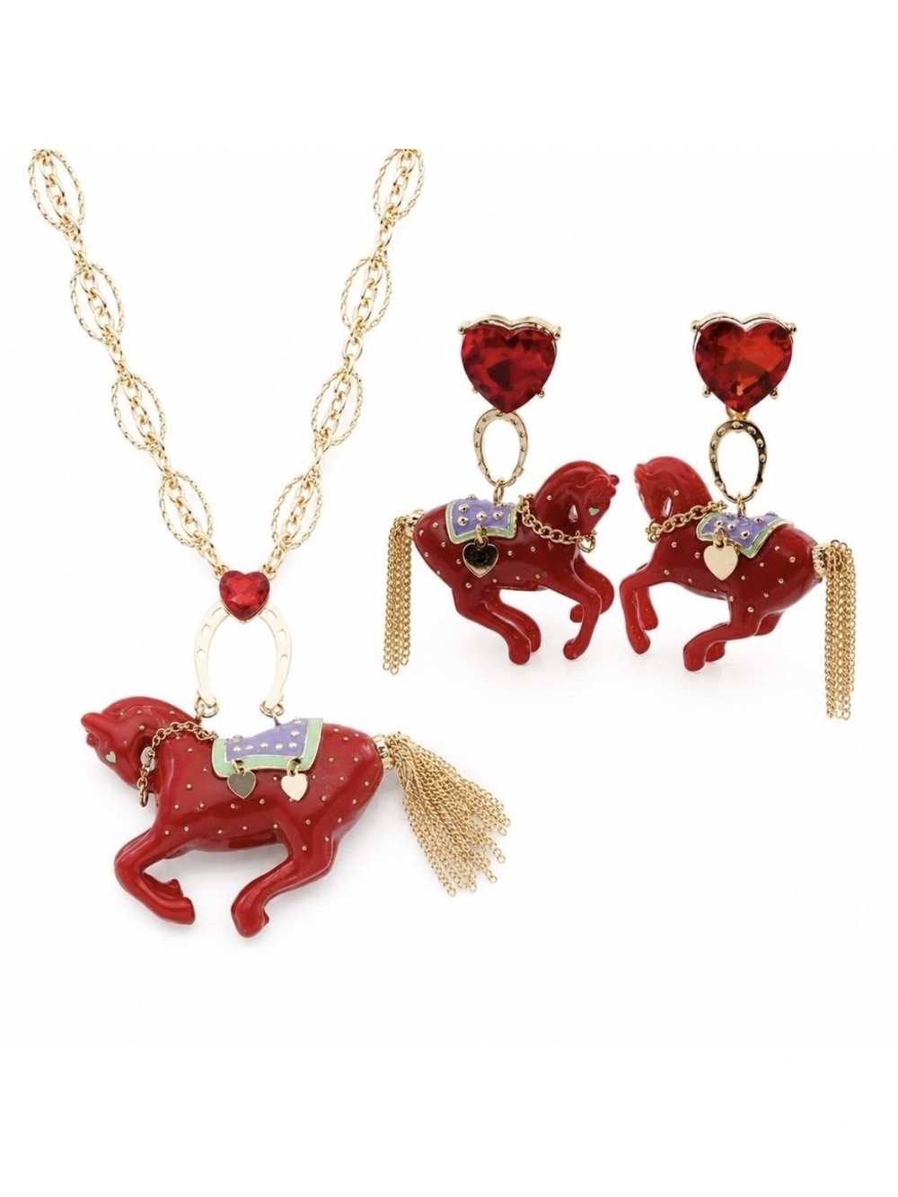 NWT Betsey Johnson Year of the Horse Set - Pendant Necklace & Earrings Red Gold